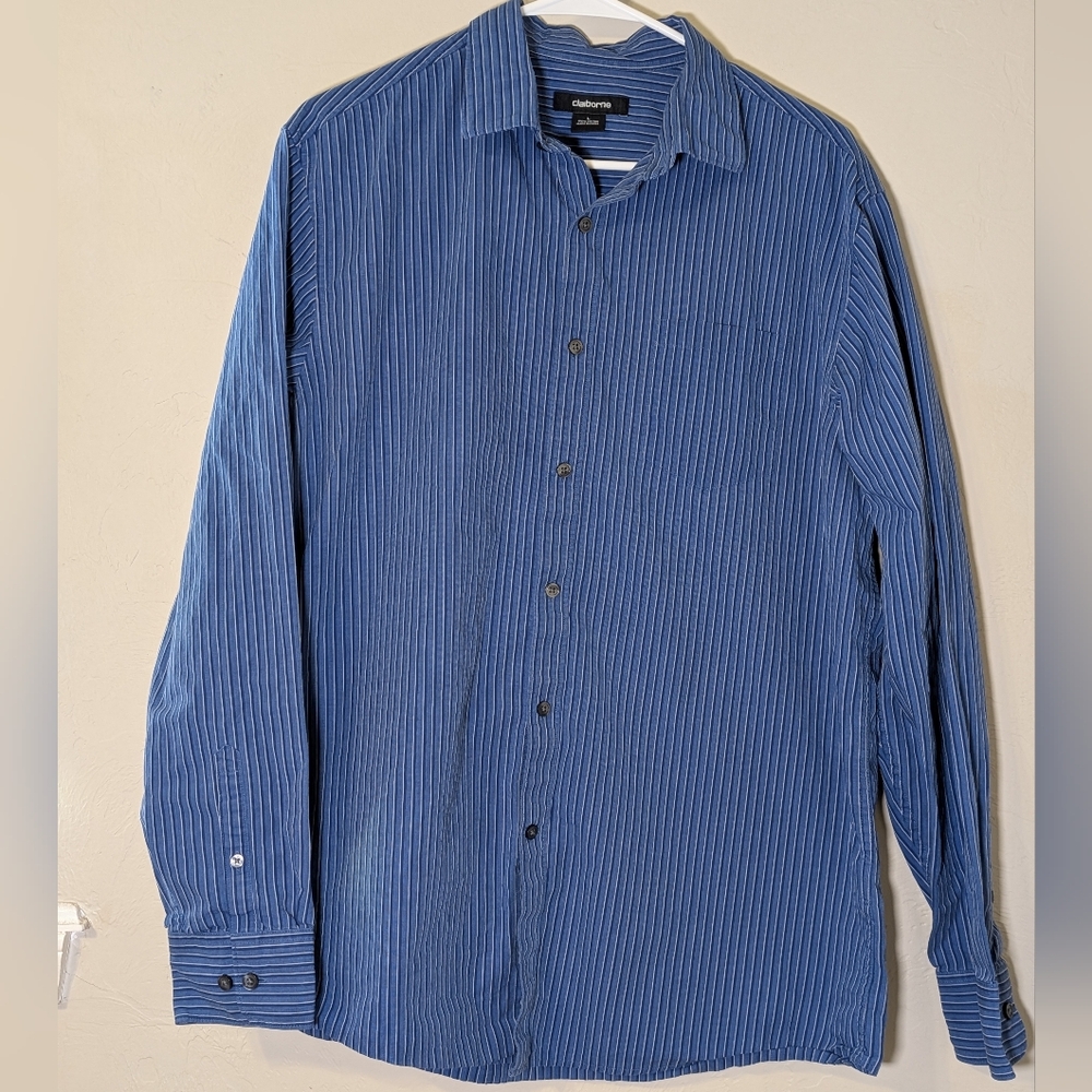 Claiborne Large Cotton Long Sleeve Blue Pinstripe Button Up Shirt